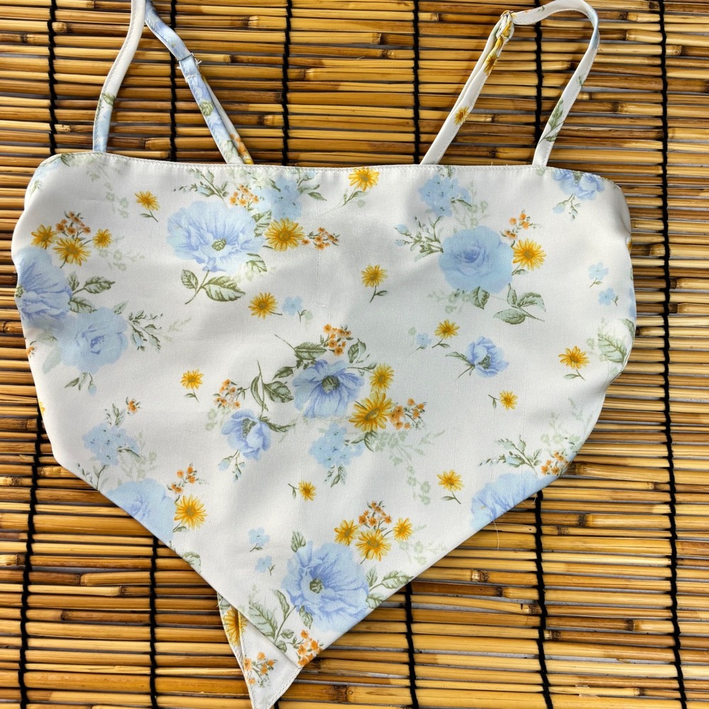 Floral Handkerchief Crop Top Blue Yellow Rose Bandana Tie‎ Back Cami Small
